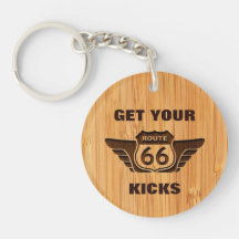 Bamboo Look & Engraved Get Your Kicks on Route 66 Keychain