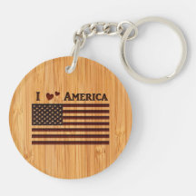 Bamboo Look & Engraved I Love America Flag Acrylic Key Chain