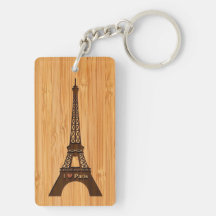Bamboo Look & Engraved I Love Paris Eiffel Tower Rectangular Acrylic Key Chain