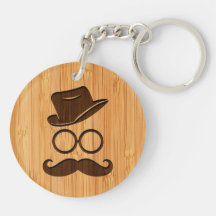 Bamboo Look & Engraved Retro Moustache Hat Glasses Key Chains