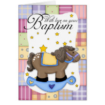 Baptism Card With Rocking Horse Blue