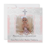 Baptism Pink White Lace Photo Jewel Cross Invite
