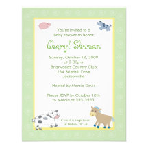 Barn Yard Farm Animals Green Swirl Baby Shower Personalized Invite