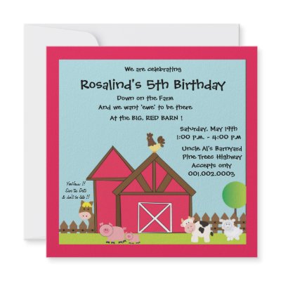 Barnyard Birthday party invites -red by kidspartycards