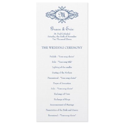 Baroque frame monogram navy blue wedding program invites by FidesDesign