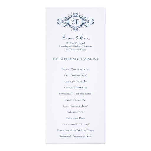 Baroque frame monogram navy blue wedding program invites