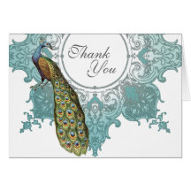 Baroque Peacock Wedding Thank You Note - Aqua Blue Greeting Cards
