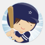 Baseball Boy Batter in Blue and White Round Sticker