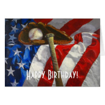 Baseball, glove, bat & American flag birthday card
