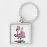 Baseball Pink Flamingo Whimsical Watercolor Keychain