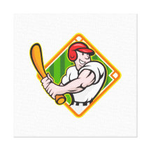Baseball Player Batting Diamond Cartoon Stretched Canvas Print