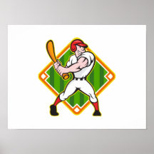 Baseball Player Batting Diamond Cartoon Poster
