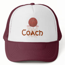 Basketball and net, with Coach on sports hat.
