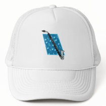 Bass Clarinet with Blue Background and Music Notes Trucker Hat