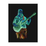 Bass player, done in neon colours on black back