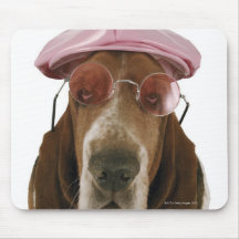 Basset hound in sunglasses and cap mousepads