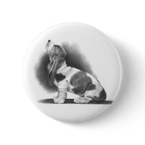 BASSET HOUND: PENCIL REALISM ART PINBACK BUTTON