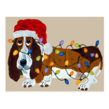 Basset Tangled In Christmas Lights Postcard