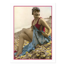 Bathing Beauty in raspberry bathing suit Post Cards