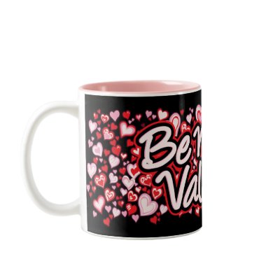 "Be My Valentine" text hearts red pink black mug by Mylittleeden