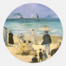 Beach at Boulogne by Manet, Vintage Impressionism Round Sticker