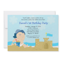 Beach Baby Sand Castle Boy Birthday Party 5x7 Personalised Announcements