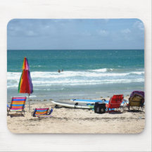 beach chairs surfboards umbrellas sand ocean sm mousepads