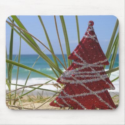 Beach Christmas tree red mousepad by scarletquill