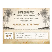 beach palms vintage boarding pass save the date post cards