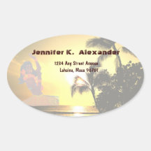Beach Sunset Hula Girl Address Label Oval Stickers