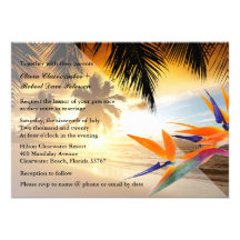 Beach Sunset Palm Trees Bird-of-Paradise Wedding Custom Invites