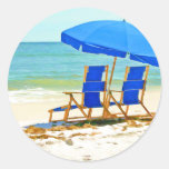 Beach, Umbrella and Chairs at the Shore Round Sticker