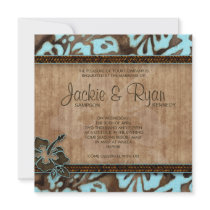 Beach Wedding Invitation Hibiscus Blue Brown