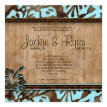 Beach Wedding Invitation Hibiscus Blue Brown