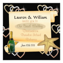 Beach Wedding Invitation With GOLD & SILVER HEARTS