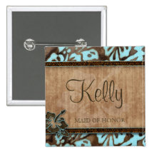 Beach Wedding Name Tag Button Luau Blue Brown