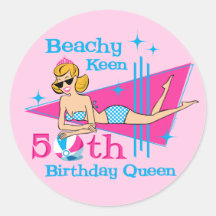 Beachy Keen 50th Birthday Round Sticker