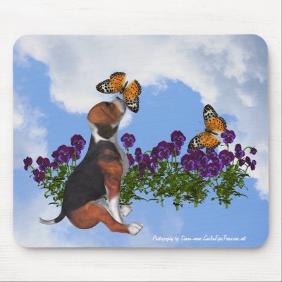 Beagle Puppy Butterflies Pansies Animal Mousepad by SmilinEyesTreasures