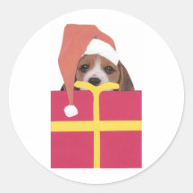 Beagle Santa Hat Gift Box Round Stickers