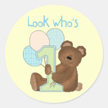 Bear First Birthday Blue Tshirts and Gifts Round Stickers