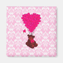 Bear & heart balloons on pink damask refrigerator magnet