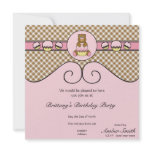 Bear With Pink Cupcake Brown Plaid Invitation