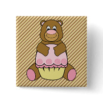Bear With Pink Cupcake Diagonal Stripes Button