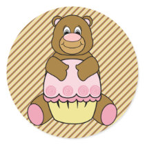 Bear With Pink Cupcake Diagonal Stripes Sticker