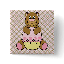 Bear With Pink Cupcake Pink Plaid Button