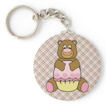Bear With Pink Cupcake Pink Plaid Keychain