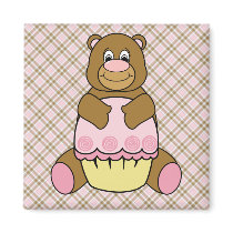 Bear With Pink Cupcake Pink Plaid Magnet