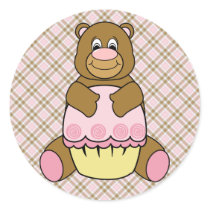 Bear With Pink Cupcake Pink Plaid Sticker