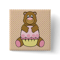 Bear With Pink Cupcake Stripes N' Dots Button