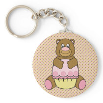 Bear With Pink Cupcake Stripes N' Dots Keychain